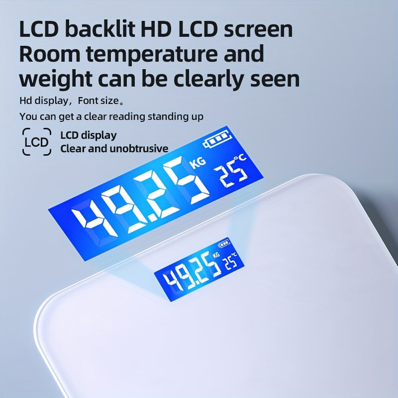 A Smart Digital Bathroom Scale, a Household Item, an Electronic Scale for Home Use, a Small Tempered Glass Scale for Domestic Use.