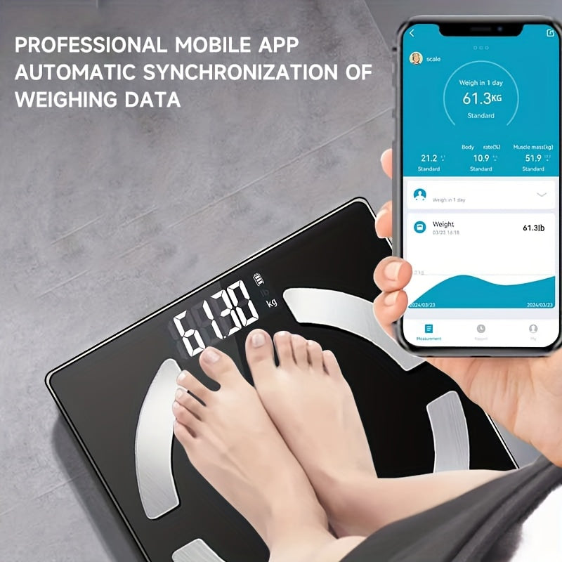 High-Precision Smart Bathroom Scale with HD Display, Capable of Measuring Up to 400 Lbs, Providing Data Analysis for BMI, Muscle, And Moisture Levels, And Connecting to a Mobile App.