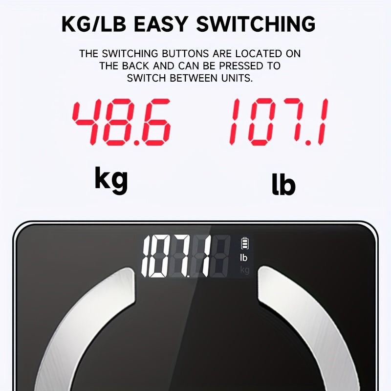 High-Precision Smart Bathroom Scale with HD Display, Capable of Measuring Up to 400 Lbs, Providing Data Analysis for BMI, Muscle, And Moisture Levels, And Connecting to a Mobile App.