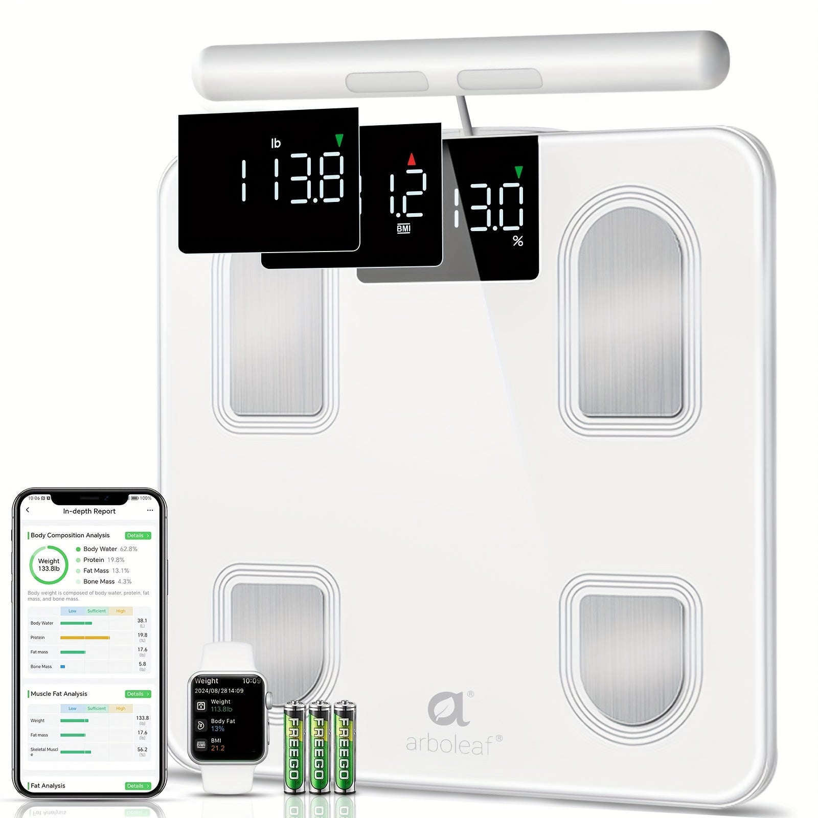 Arboleaf Smart Body Fat Scale With Sensory Handle-8-Electrode High Precision Body Composition Monitor With 26 Metrics, Large LED Display, BMI, Muscle & Fat Measurement, Compatible For Apple Health And Android Health, Suitable For Gym And Home Use