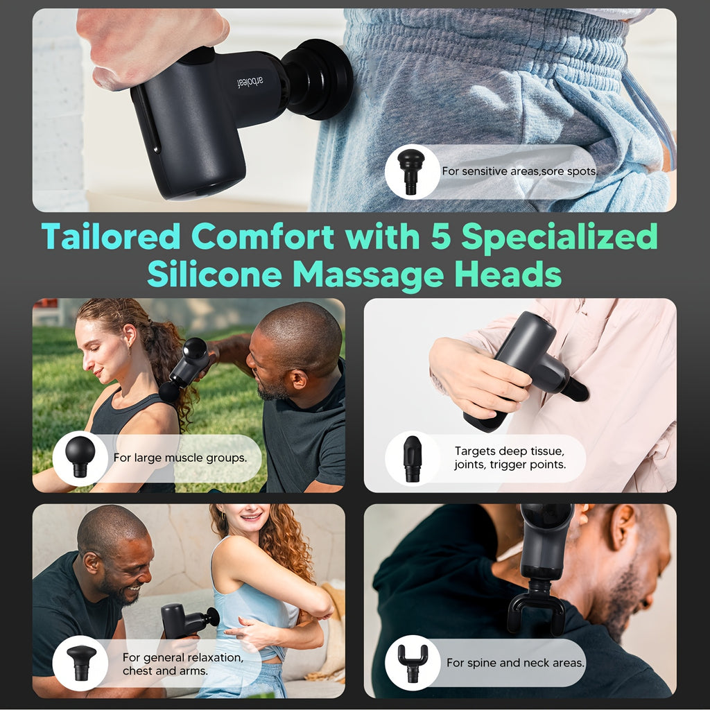 Arboleaf Mini Massage Gun: Deep Tissue Percussion Muscle Massager with 5 Speed Levels & Multi-Function Heads, Portable & Quiet – Perfect Holiday Gift for Shoulder, Neck, Waist, and Back
