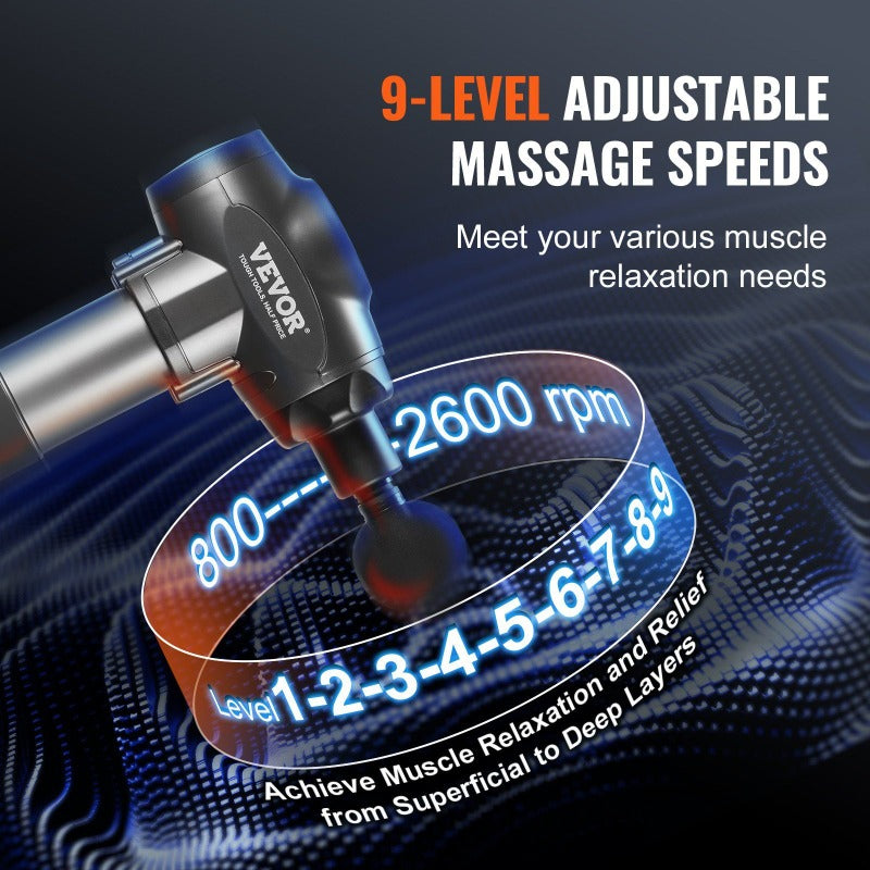 Massage Gun Deep Tissue with 9 Speed Levels and 6 Massage Heads 24V 2500mAh Batteries Percussion Muscle Massager for Athletes Handheld Electric Massage Gun for Pain Relief Muscle Relaxation