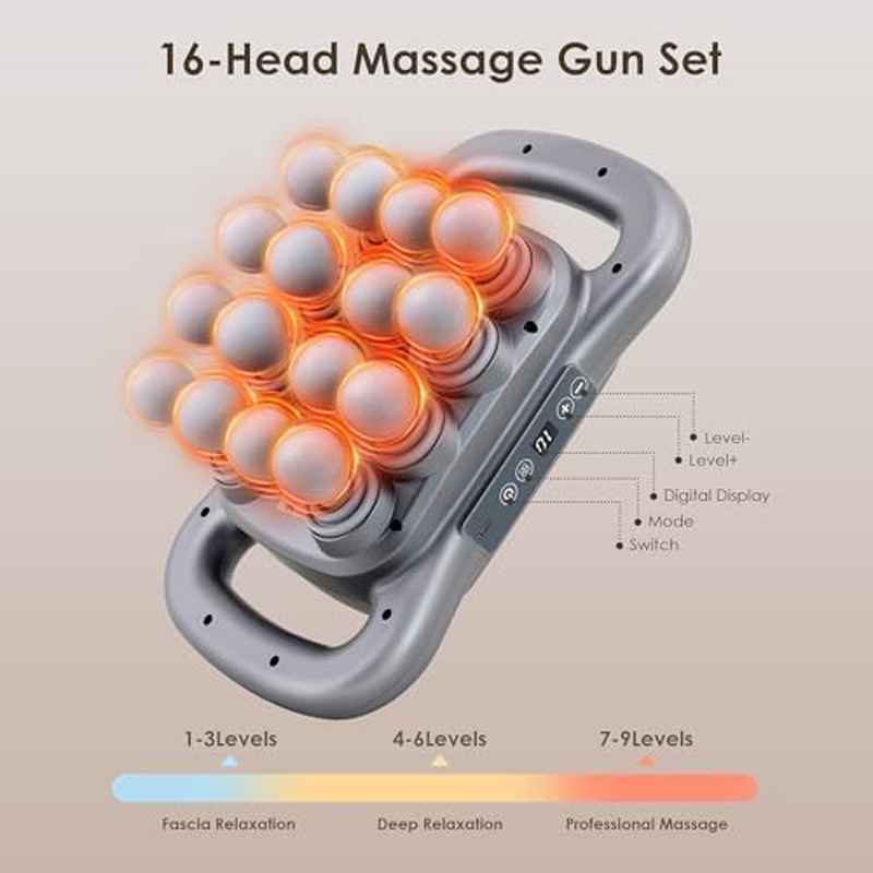 16 Head Massage Gun Set for Deep Tissue, 9 Styles Levels Electric Percussion Massager, Dark Grey