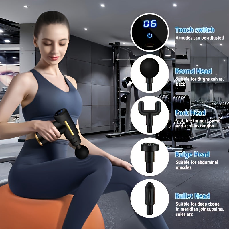 6pcs Portable Gun Set with LED Touchscreen And 4 Interchangeable Heads, USB Rechargeable Deep Tissue Vibration Massager for Sports, Fitness And - Ideal Gift for Men And Women: Lightweight Gun