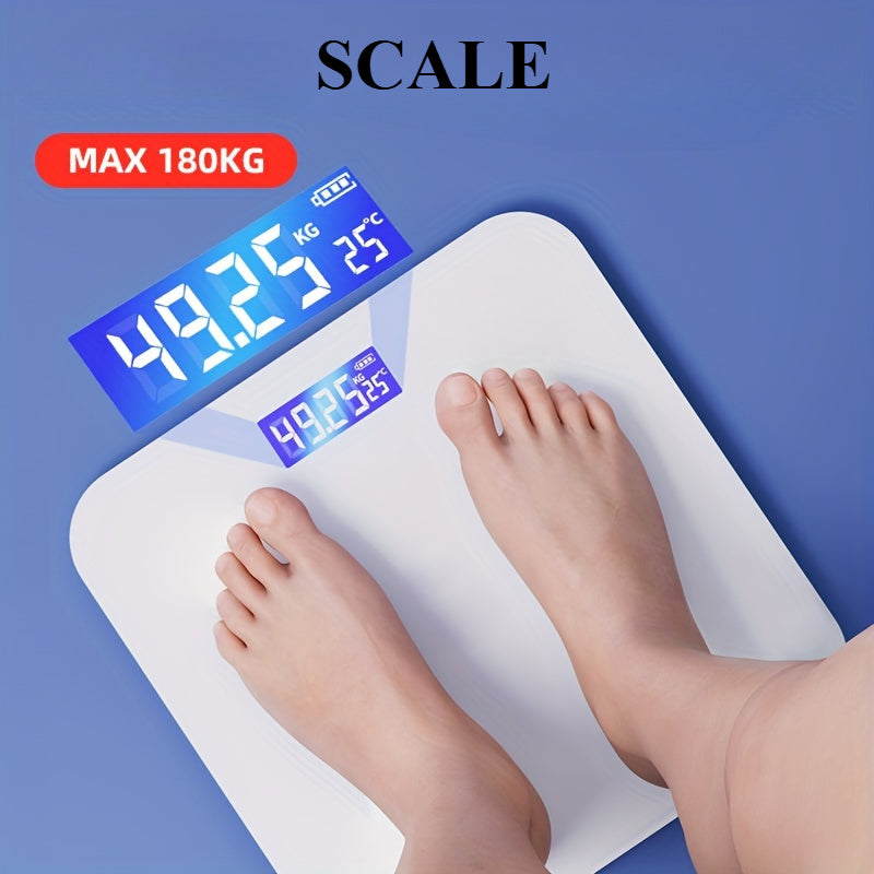 A Smart Digital Bathroom Scale, a Household Item, an Electronic Scale for Home Use, a Small Tempered Glass Scale for Domestic Use.