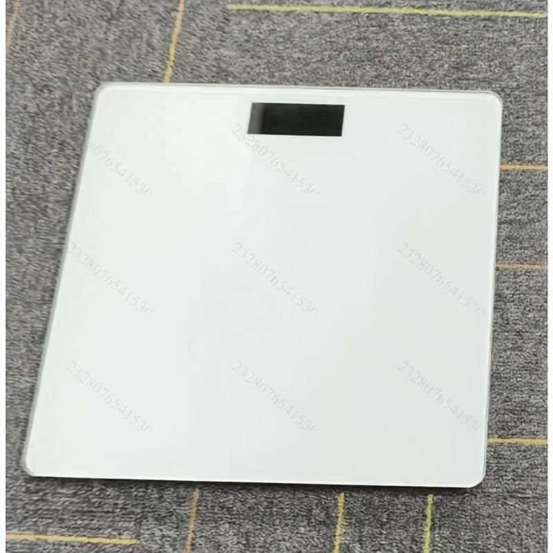A Smart Digital Bathroom Scale, a Household Item, an Electronic Scale for Home Use, a Small Tempered Glass Scale for Domestic Use.