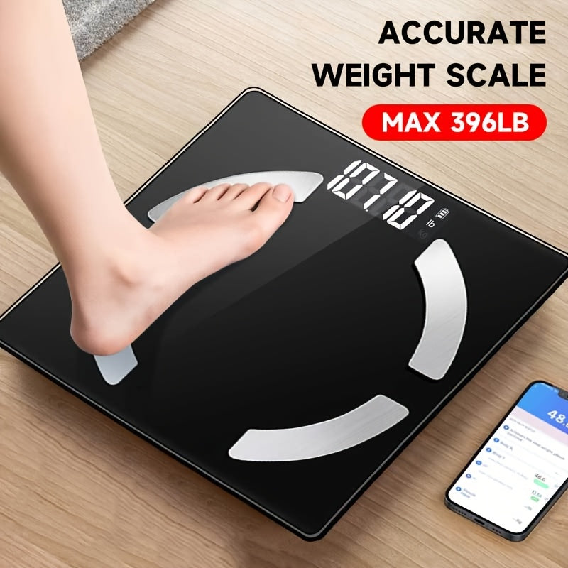 High-Precision Smart Bathroom Scale with HD Display, Capable of Measuring Up to 400 Lbs, Providing Data Analysis for BMI, Muscle, And Moisture Levels, And Connecting to a Mobile App.