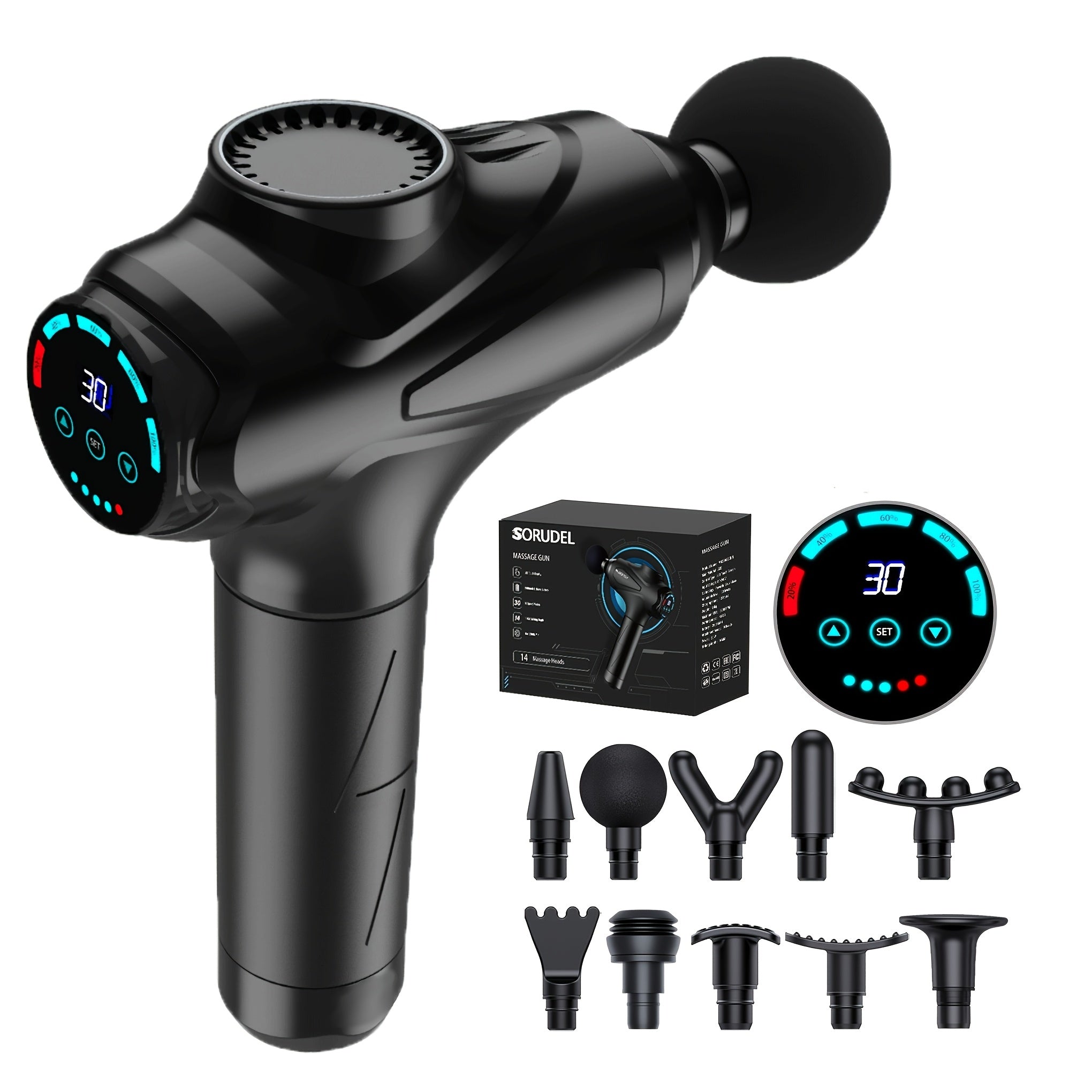 SORUDEL Deep Tissue Massage Gun, a Handheld Electric Muscle Massager, Rechargeable Fascia Gun, Equipped with 10 Professional-Grade Massage Heads, 30 Levels of Adjustable Intensity, High-Definition Touch LCD Screen, Pressure Sensing, And USB Fast Charging.