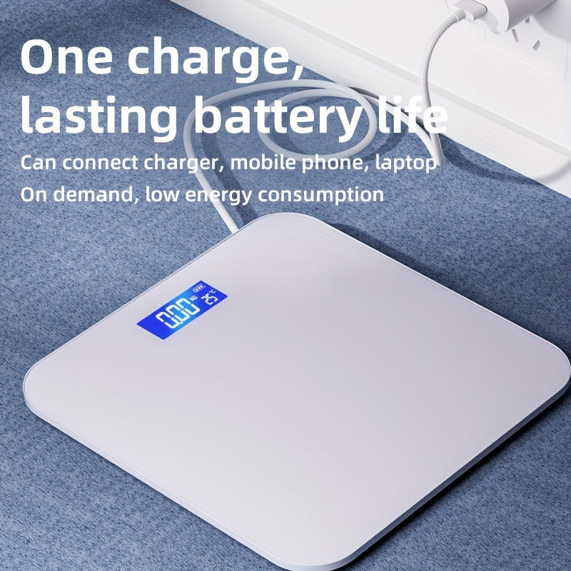 A Smart Digital Bathroom Scale, a Household Item, an Electronic Scale for Home Use, a Small Tempered Glass Scale for Domestic Use.