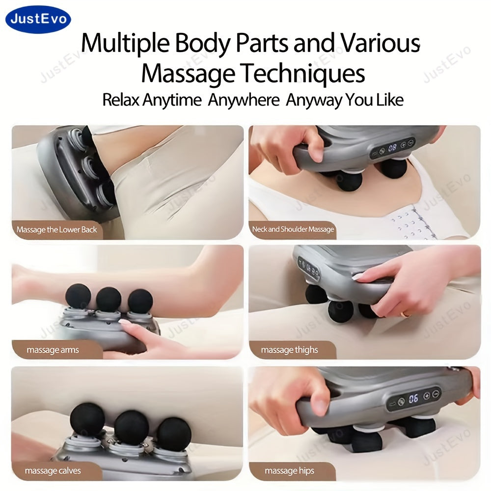 JustEvo Professional 6-Head Fascia Massage Gun, Multiple Modes, Various Intensity Levels, High-frequency Vibration, Muscle Relaxation, Full-body Massage, Suitable for Home, Office, And Gym Use.